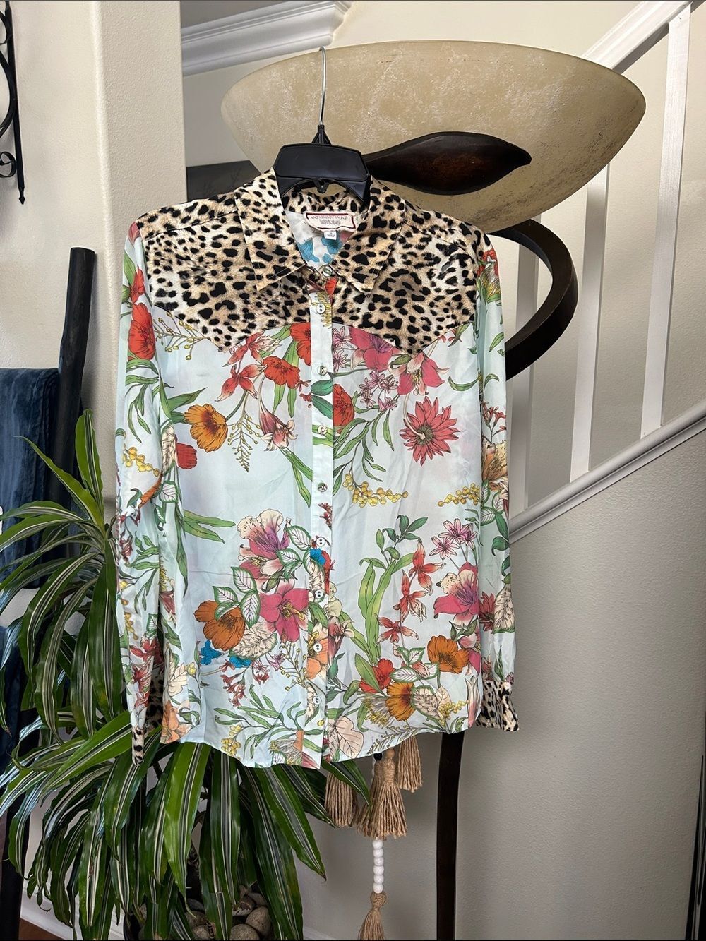 Floral Button-Up Blouse with Leopard Yoke - Mixed Print Women's Top